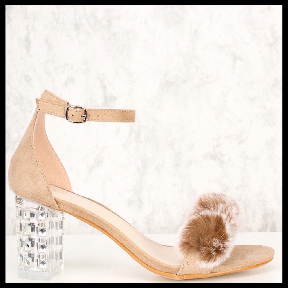Taupe Fur Clear Chunky Heels Suede - Picture 3 of 4
